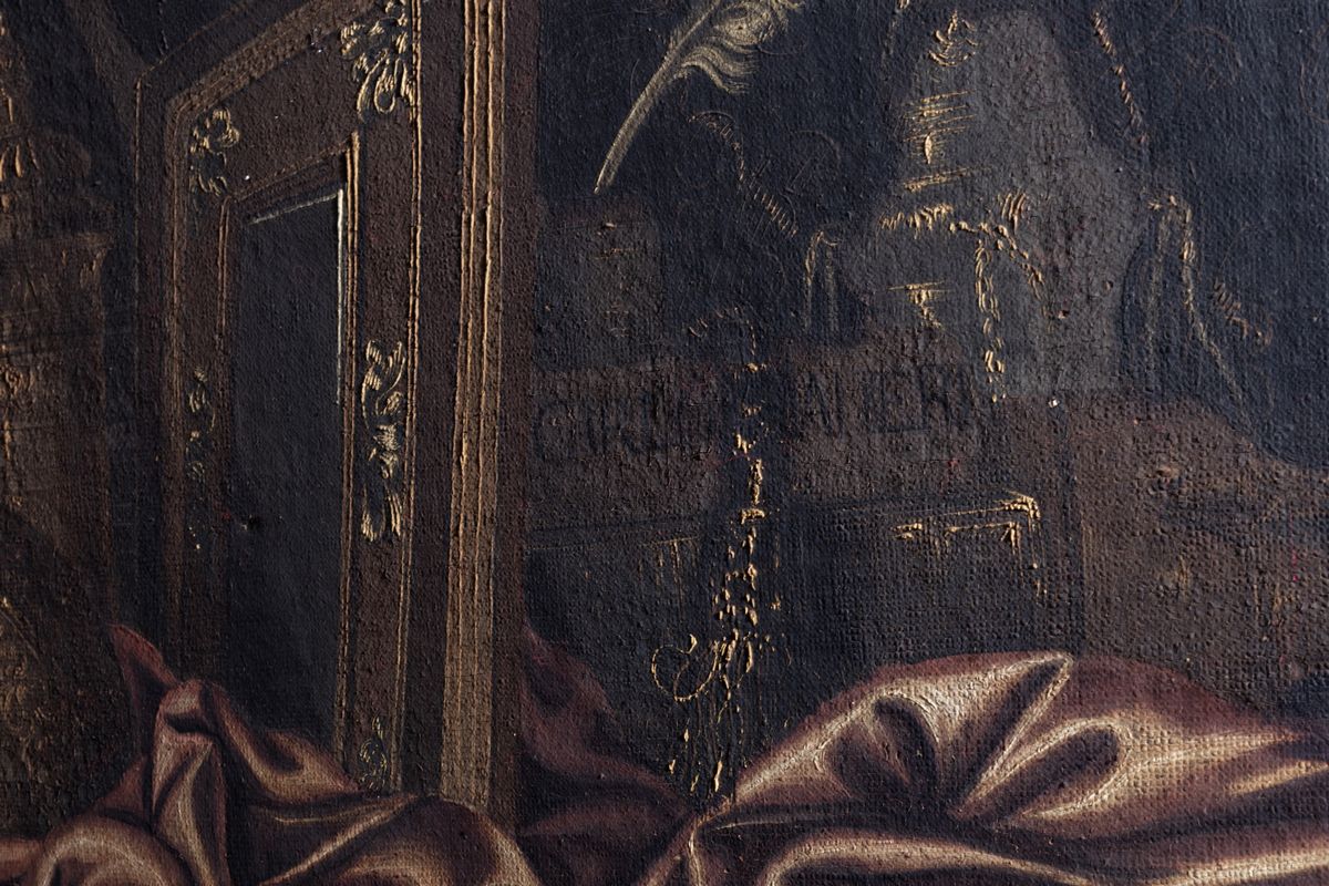 Carlo Manieri (attivo a Roma 1662 - 1700) - Natura morta con orologio, tappeti, libri e suppellet...