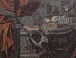 Still life with guitar, violin and furnishings on a marble surface
