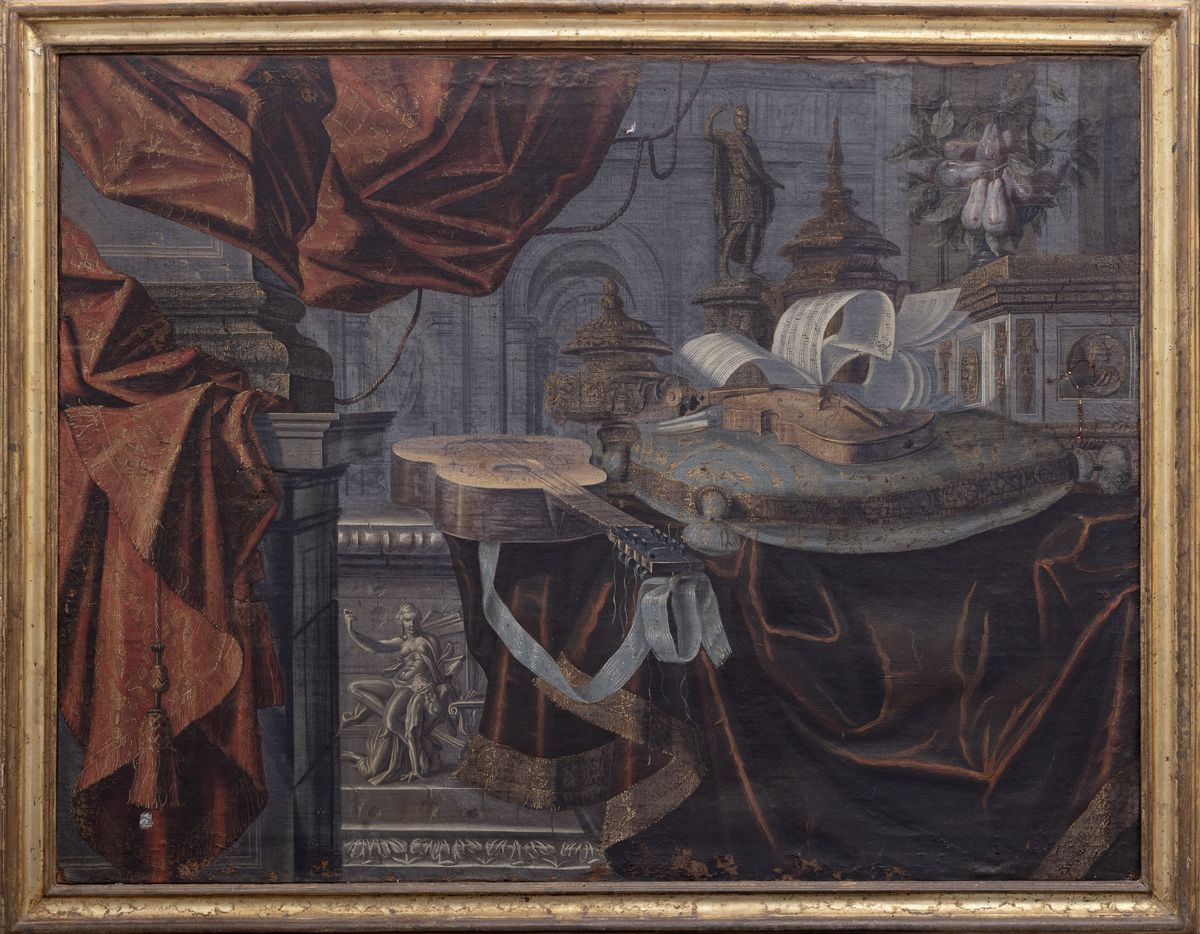 Carlo Manieri (attivo a Roma 1662 - 1700) - Autore non identificato, Natura morta con chitarra, v...