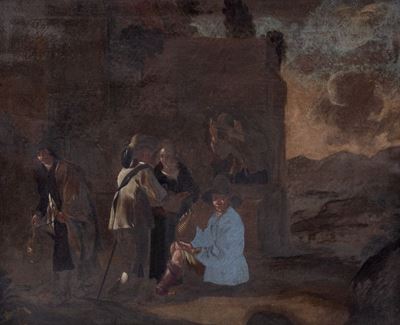 Autore Ignoto, Popolani e viandanti presso un pozzo, olio su tela