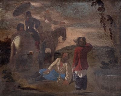 Scena di genere con mendicante e cavalieri, olio su tela, cm 37 x 48
