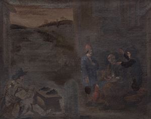 Genre scene with an old man eating soup
