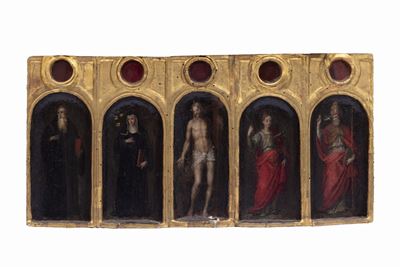 Autore non identificato, Predella con quattro Santi e Cristo al centro, olio su tavola