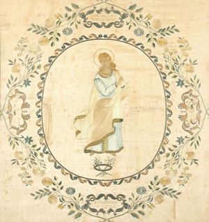  - Pannello in seta riccamente ricamato raffigurante Santa Filomena, secolo XIX