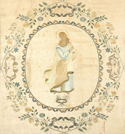 Pannello in Seta Riccamente Ricamato Raffigurante Santa Filomena, Secolo XIX