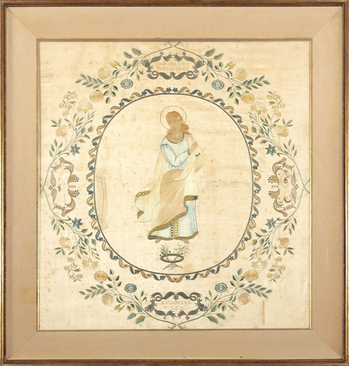 Pannello in Seta Riccamente Ricamato Raffigurante Santa Filomena, Secolo XIX