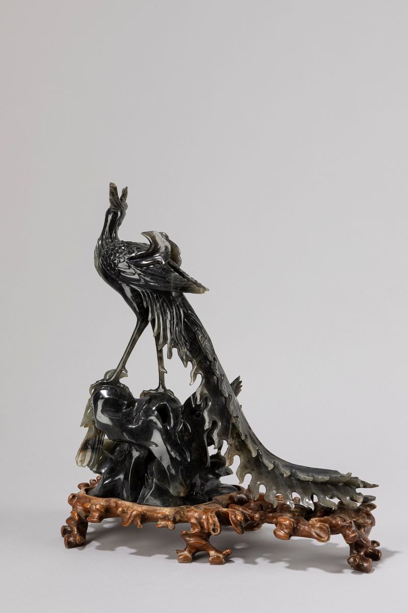 Tre Sculture in Pietra Dura Verde Raffiguranti Volatili, Cina Secolo XX