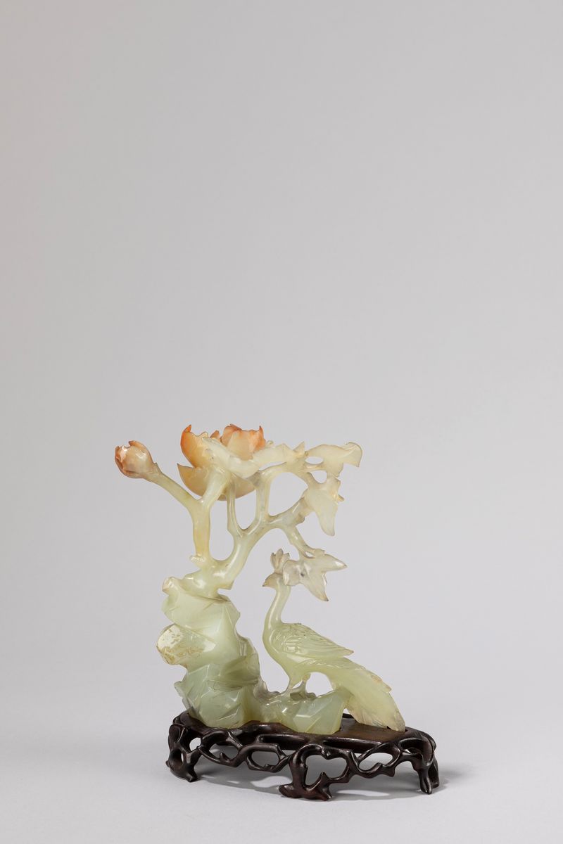 Tre Sculture in Pietra Dura Verde Raffiguranti Volatili, Cina Secolo XX