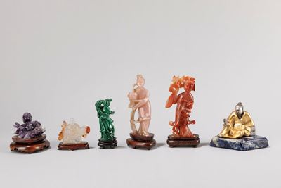 Sei Sculture in Materiali Diversi Raffiguranti Figure Orientali, Cina Secolo XX