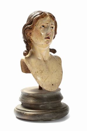 Small polychrome lacquered wood Saint bust, late 18th - early 19th century