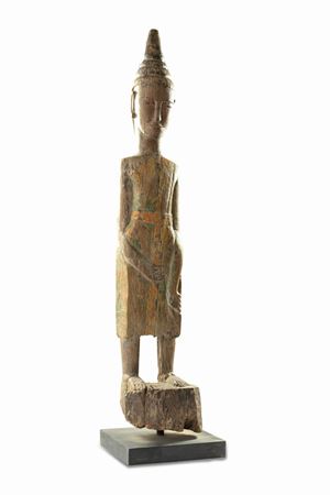 Wooden Buddha with traces of polychromy, Laos 19th century