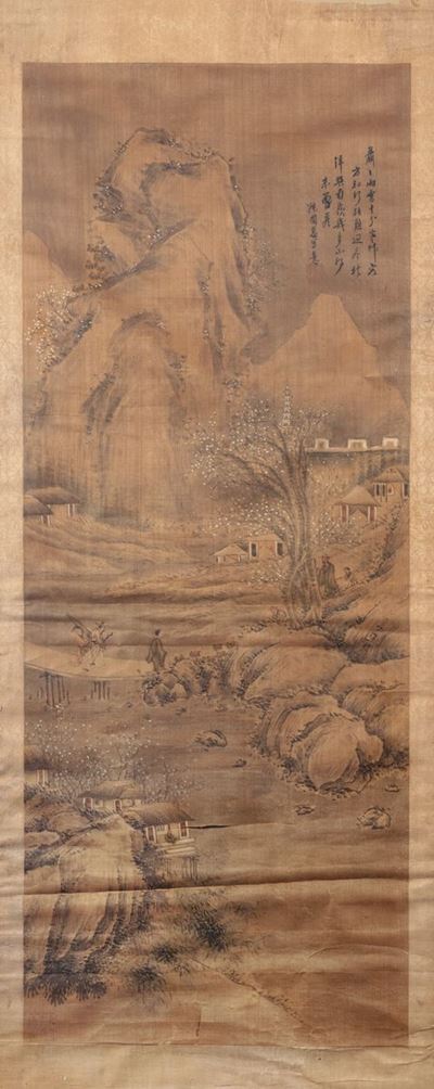 Dipinto su Seta Raffigurante Paesaggio con Saggi, Cina Dinastia Qing