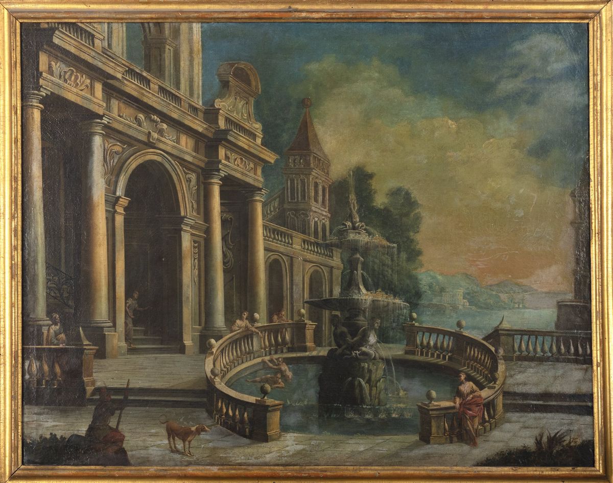 Scuola Napoletana, Secolo XVIII - Capriccio Architettonico con Fontana Monumentale e Astanti