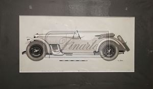Disegno a mano fine di Fabio Luigi Rapi per le pubbliczioni dell&#39;Editrice dell&#39;Automobile, con didascalia &quot;Spider inglese Aston Martin 1930-1940. 