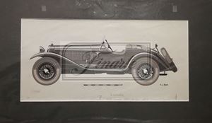 Disegno a mano di Fabio Luigi Rapi per le pubbliczioni dell&#39;Editrice dell&#39;Automobile, con didascalia &quot;Spider italiano Alfa Romeo 1750 delle carrozzerie Touring e Zagato&quot;