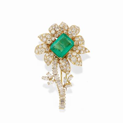 Spilla in Oro Giallo 18k, Diamanti e Smeraldo Colombia