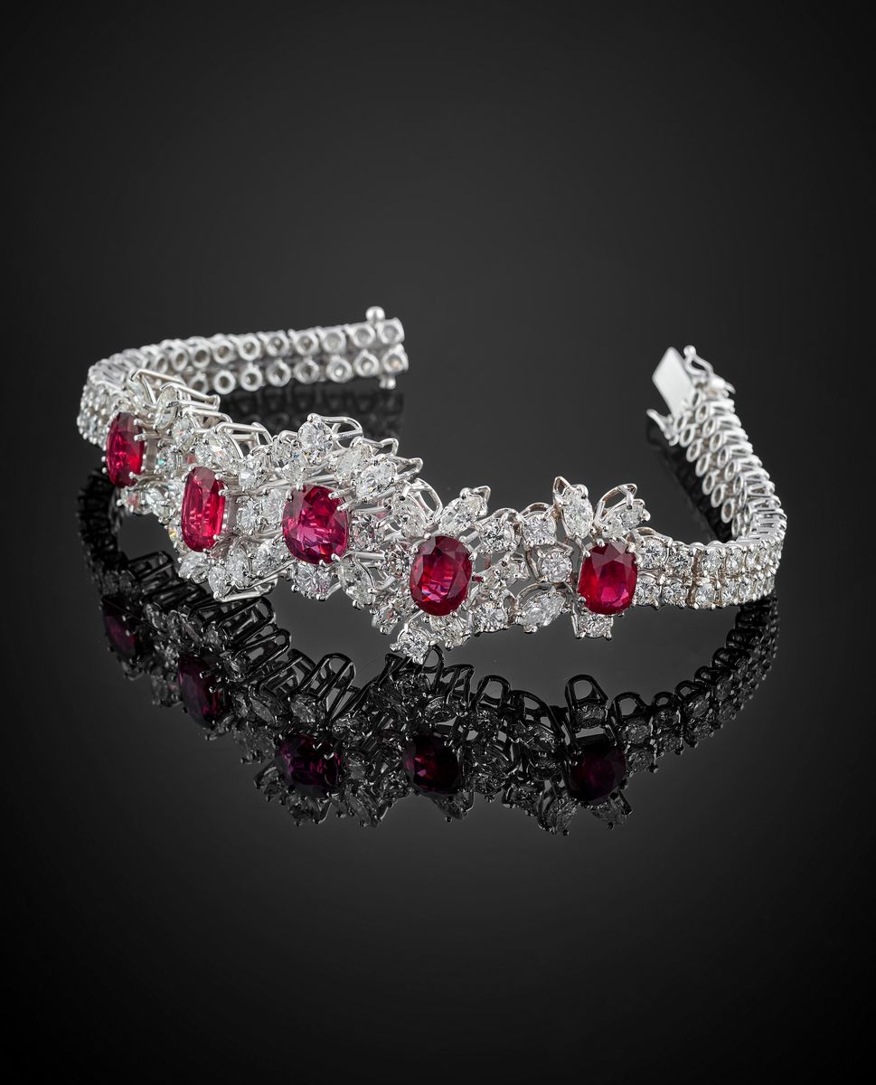 Bracciale in Oro Bianco 18k, Rubini e Diamanti