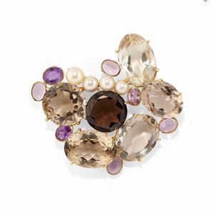 Spilla in oro giallo 18k, perle e quarzi