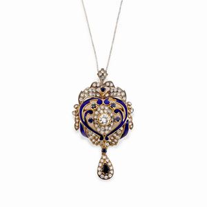 A 18k two-color gold, silver, enamel, diamond and sapphire pendant-brooch, defects