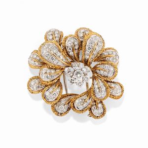 Spilla in oro bicolore 18k e diamanti