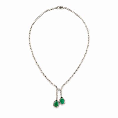 Collana in Oro Bianco 18k, Diamanti e Smeraldi