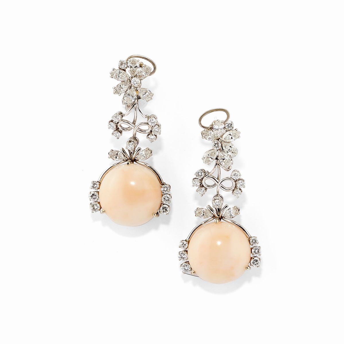 Parure in Oro Bianco 18k, Corallo Rosa e Diamanti