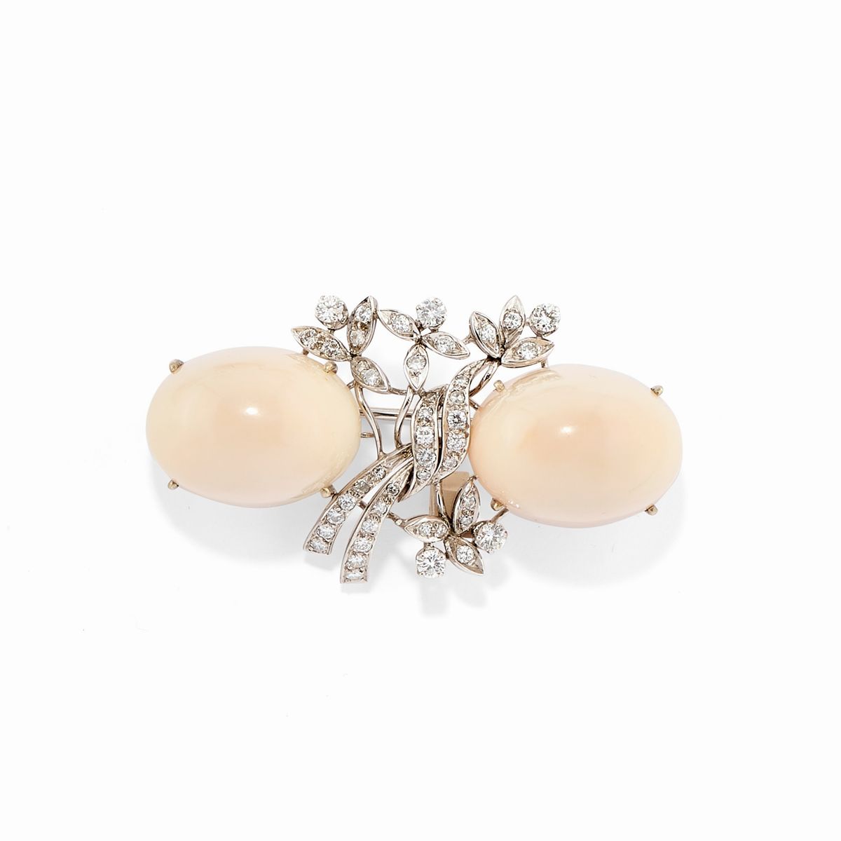 Parure in Oro Bianco 18k, Corallo Rosa e Diamanti