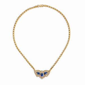Collana in oro giallo 18k, diamanti e zaffiri