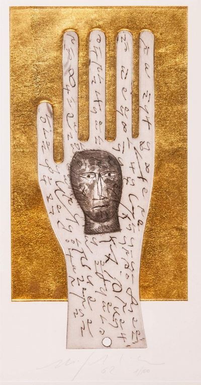 Senza titolo (Mano, Toro, Cane, Testa), 2002, 4 incisioni all’acquaforte acquatinta e foglia d’or...