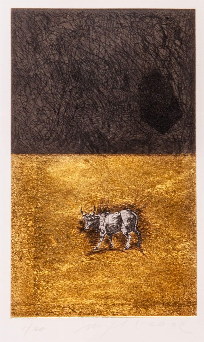 Mimmo Paladino - Senza titolo (Mano, Toro, Cane, Testa), 2002, 4 incisioni all’acquaforte acquati...