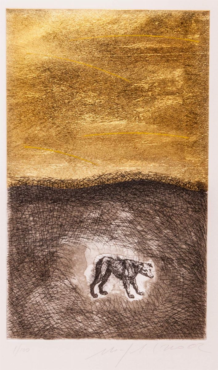 Mimmo Paladino - Senza titolo (Mano, Toro, Cane, Testa), 2002, 4 incisioni all’acquaforte acquati...