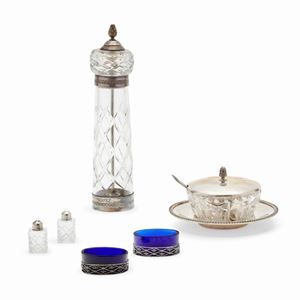 Six glass and silver objects