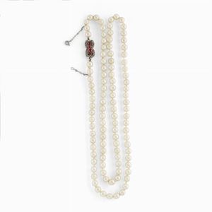 Collana in oro bianco 18k, rubini, diamanti e perle coltivate giappone