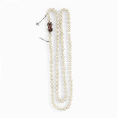 Collana in Oro Bianco 18k, Rubini, Diamanti e Perle Coltivate Giappone