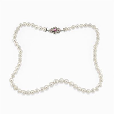 Collana in Oro Bianco 18k, Rubini e Perle Coltivate Giappone