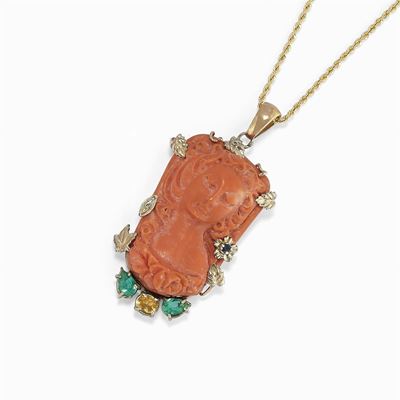 Pendente in Argento, Oro, Pietre Colorate e Corallo