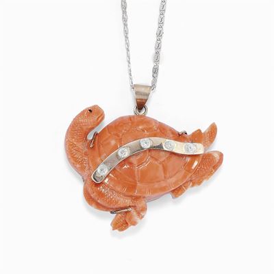 Pendente in Argento 925, Corallo, Madreperla e Pietre Incolori