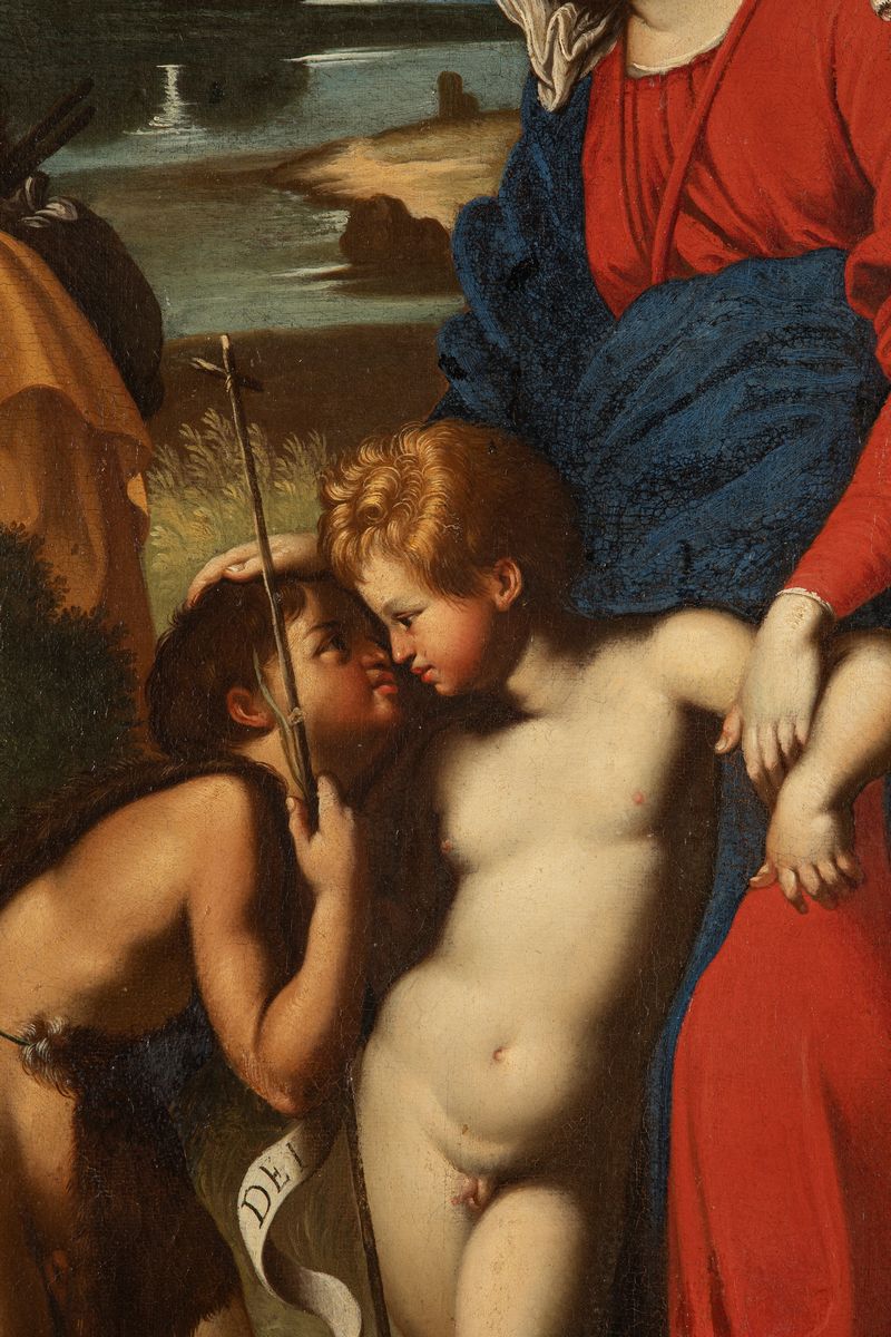 Scuola Italiana, Secolo XVII - Raffaello, Madonna del paesaggio, olio su tela