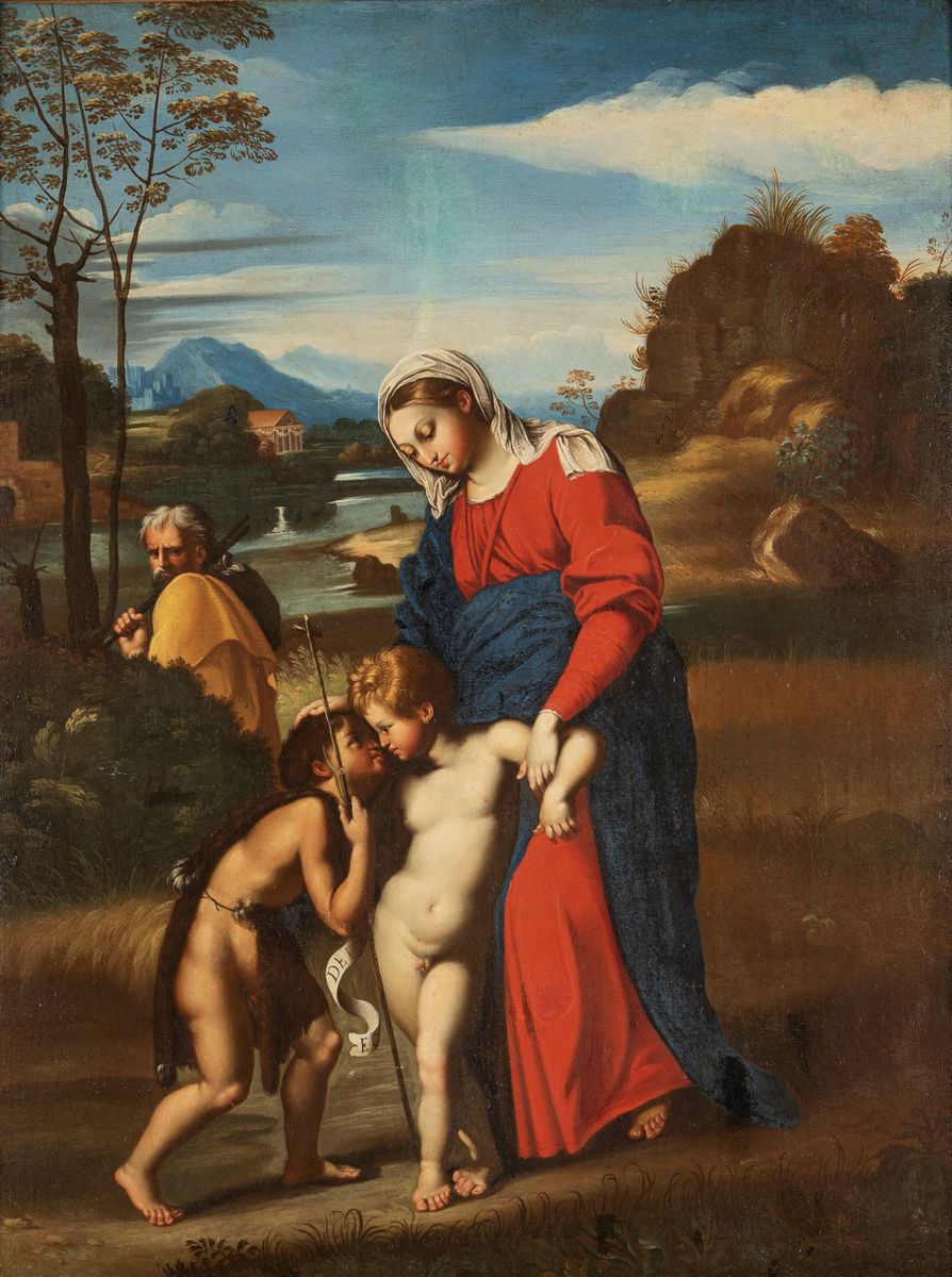 Scuola Italiana, Secolo XVII - Raffaello, Madonna del paesaggio, olio su tela