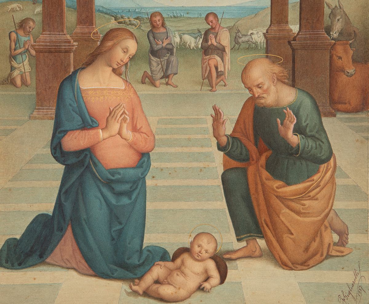 Fernando Gigliarelli - Adorazione del Bambino, matite e acquerelli su cartoncino