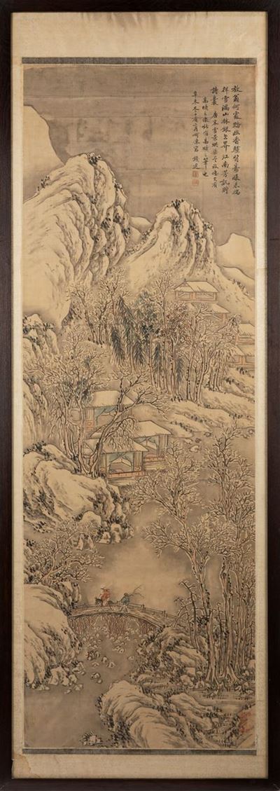 Qian Xuan, Paesaggio montano con pagode e figure, dipinto su seta, Cina, fine dinastia Qing