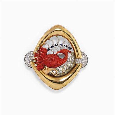 Spilla in Oro Bicolore 18k, Zaffiri, Corallo, Madreperla e Diamanti