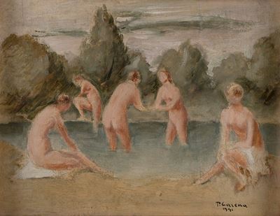 Bagnanti, olio su tavola