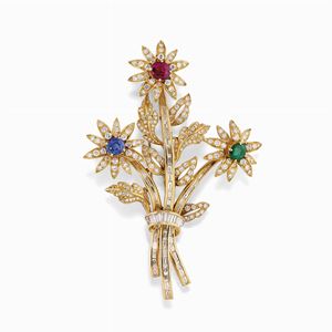 Spilla in oro 18k, rubino, smeraldo, zaffiro e diamanti