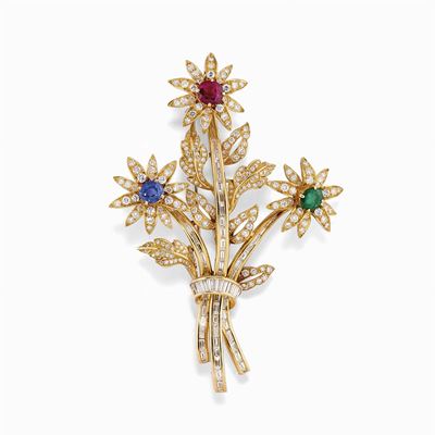 Spilla in Oro 18k, Rubino, Smeraldo, Zaffiro e Diamanti
