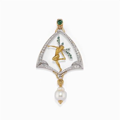 Pendente in Oro Bicolore 18k, Smeraldi, Diamanti e Perla Barocca