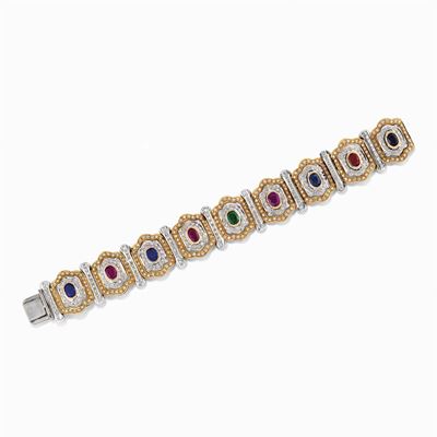 Bracciale in Oro Bicolore 18k, Zaffiri, Rubini, Smeraldi e Diamanti