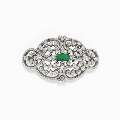Spilla in Oro Bianco 18k, Smeraldo e Diamanti