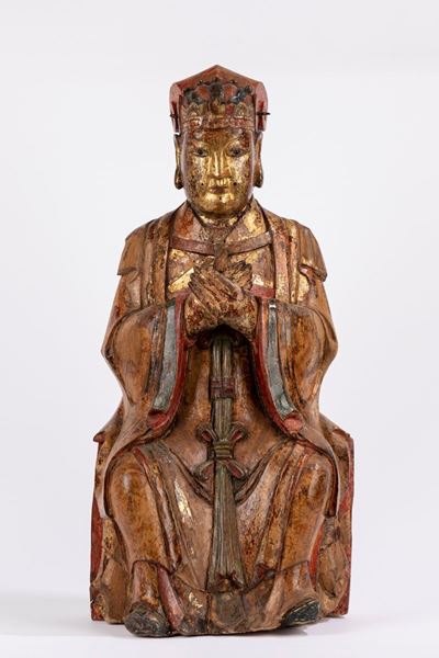 Scultura raffigurante divinità taoista, legno laccato e dorato, Cina, dinastia Ming (1368-1644)