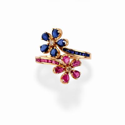 Anello in Oro Giallo 14k, Rubini, Zaffiri e Diamanti
